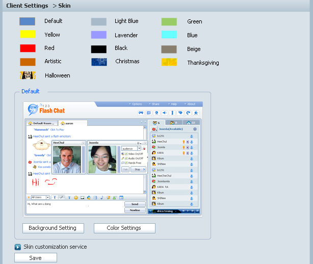 Chat Skin Settings in Admin Panel of 123FlashChat, Flash Software, PHP Chat, Chat Script